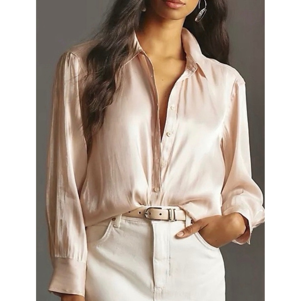 Anthropologie Iridescent Satin Button Down Blouse Womens Large Champagne Shimmer